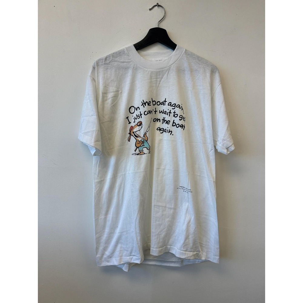 On The Boat Again Shirt Mens Large White Boating Cartoon Funny Graphic‎ Made USA